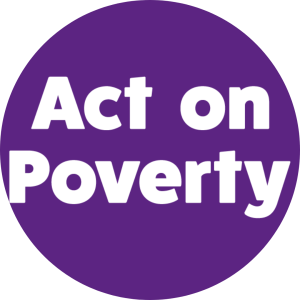 Act on Poverty logo - a purple circle with white thick text